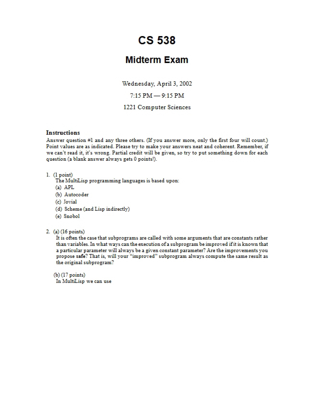Examination for Midterm