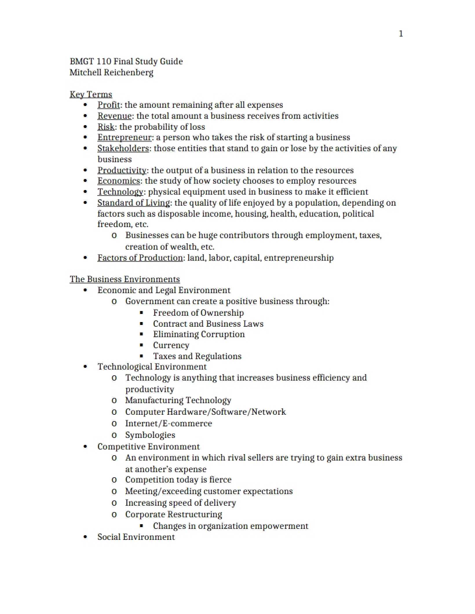 Final Exam Preparation Guide - Introduction to the Business Value Chain