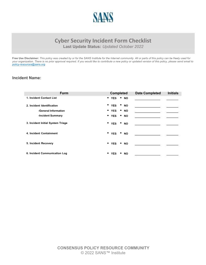 Checklist for Cyber Security Incident Forms