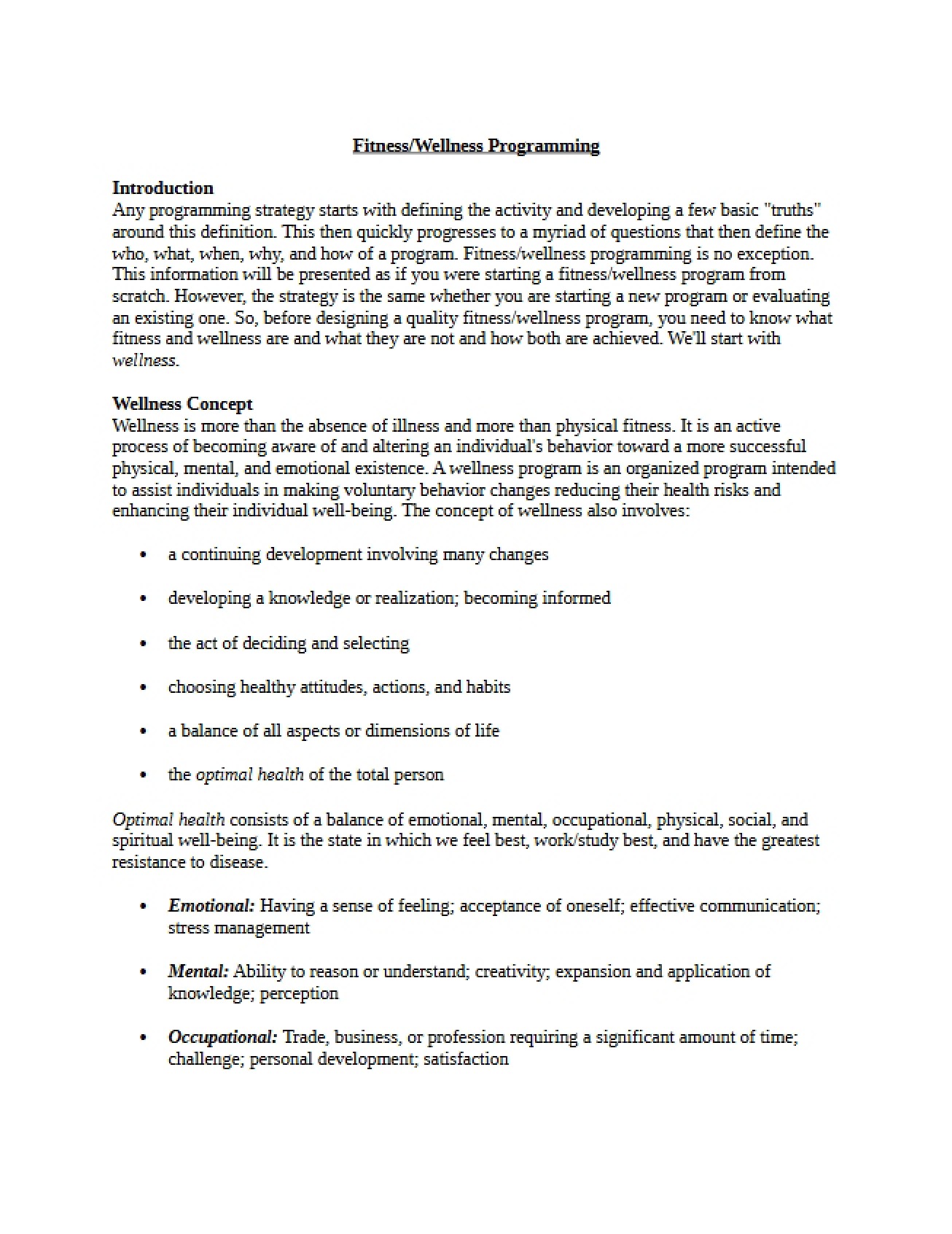 Fitness and Wellness Programming