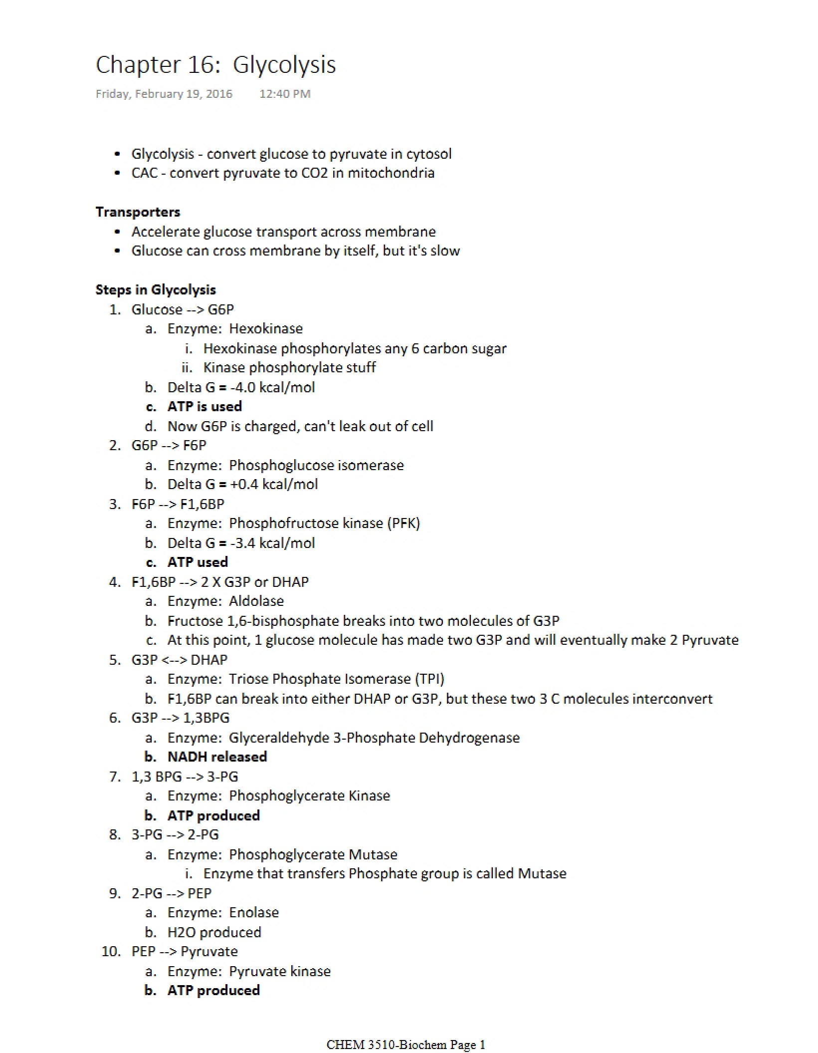 Glycolysis Chapter 16