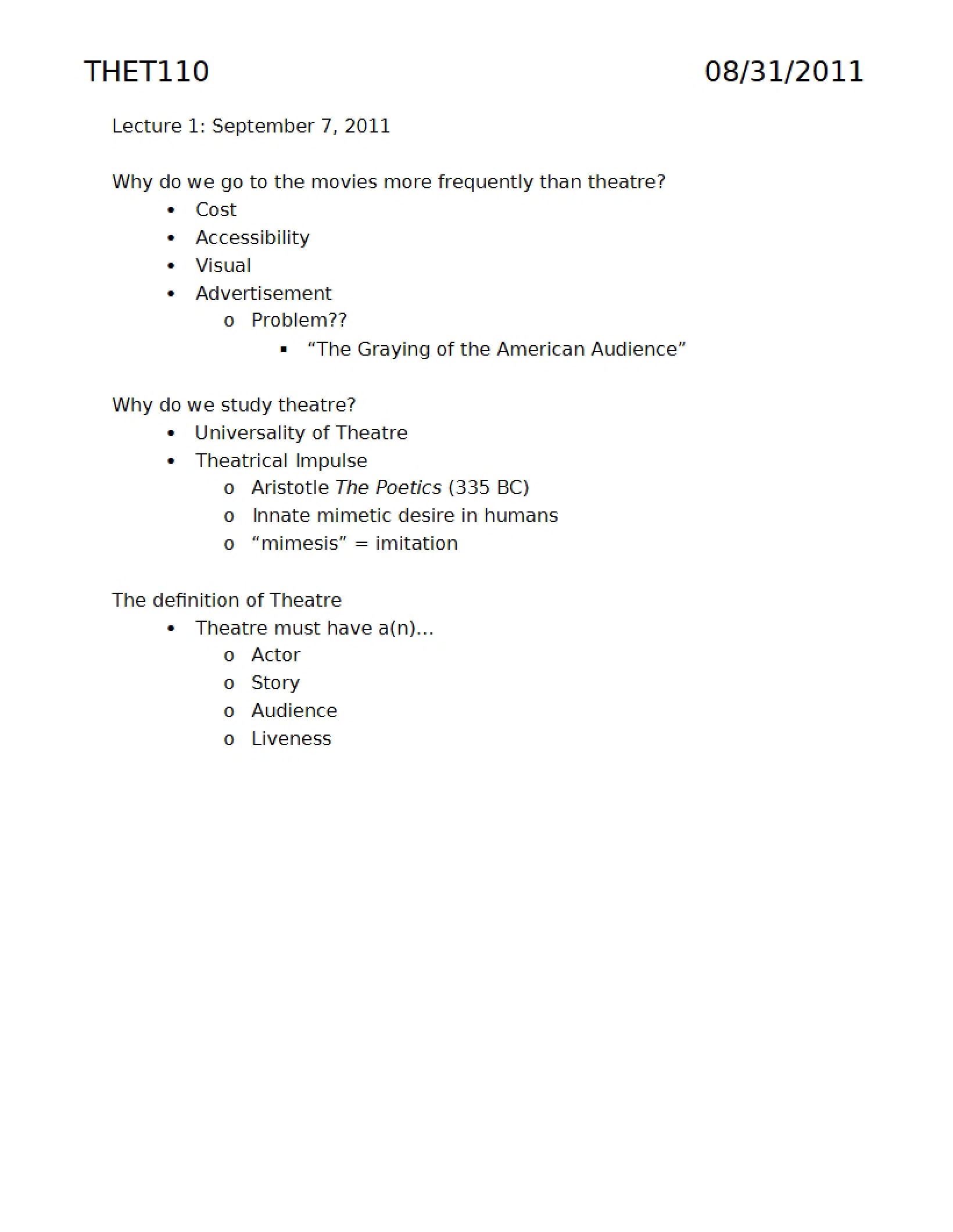 Introduction Notes - Introduction to the Theatre