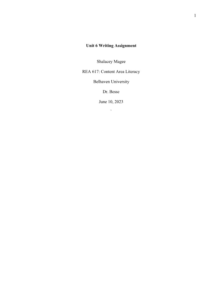 REA 617 - Unit 6 Writing Assignment