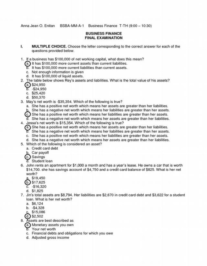 Final Examination for Business Finance