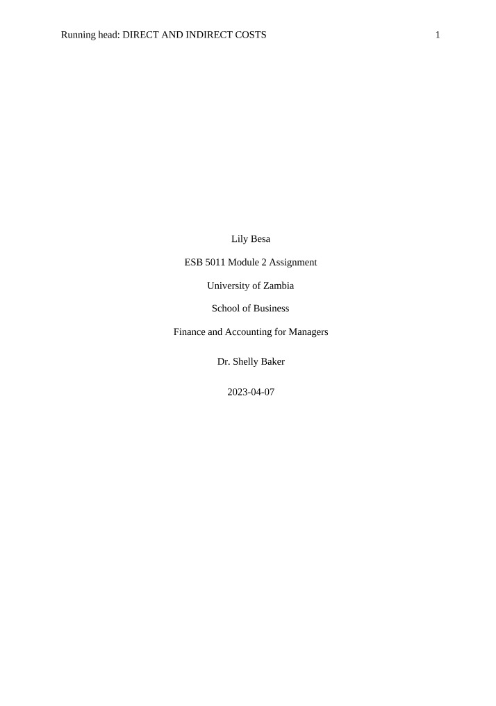 Direct and Indirect Costs - Module 3 Discussion Assignment