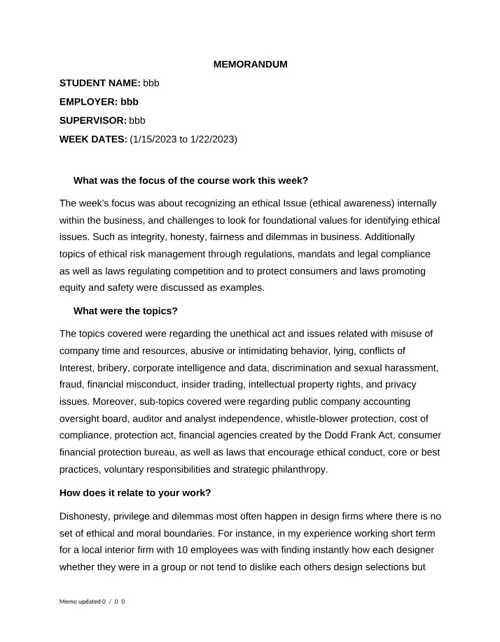 BUS 7200 Week 2 MEMO
