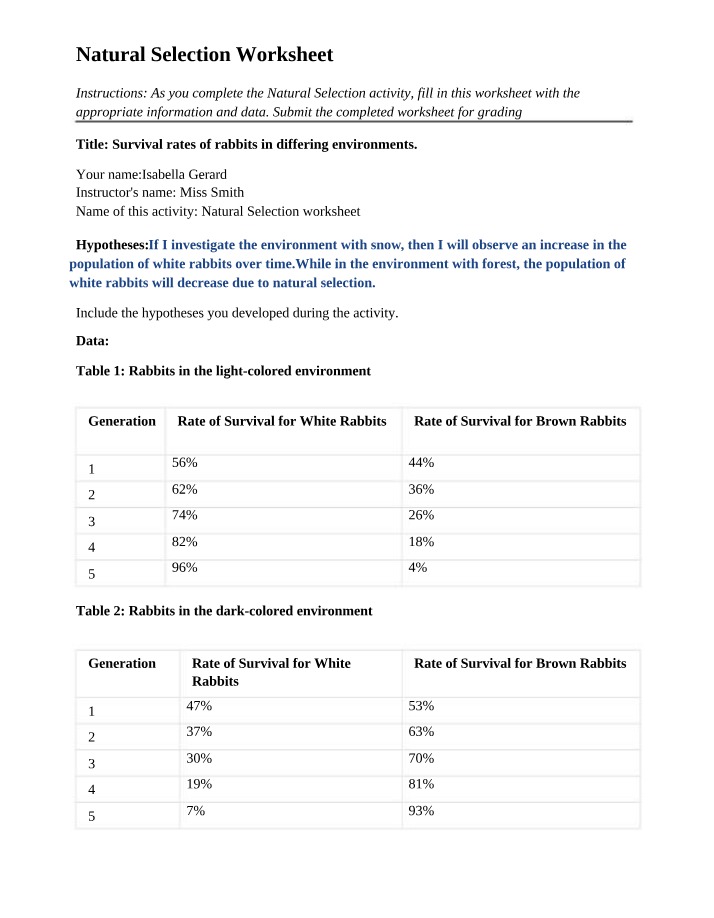 Worksheet on Natural Selection