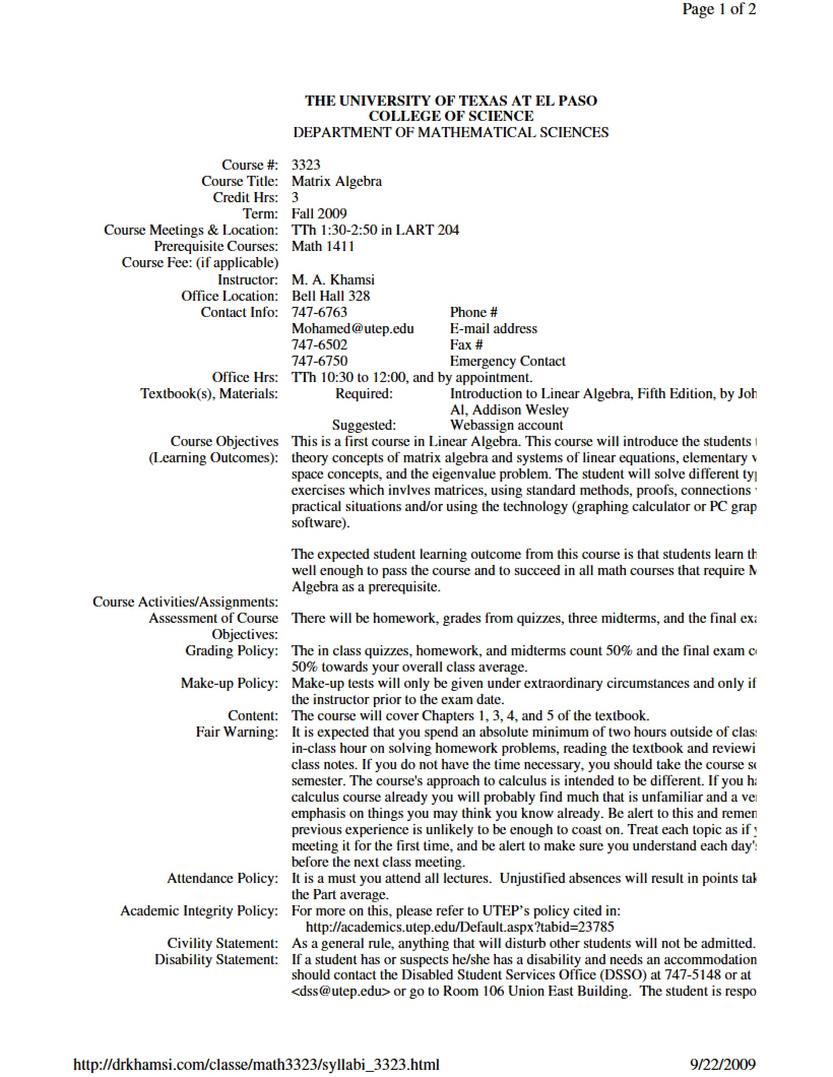 Matrix Algebra Syllabus
