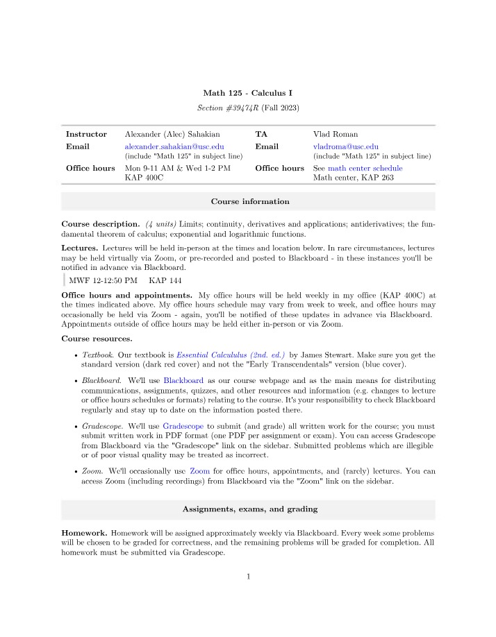 Math 125 Syllabus - Calculus I Fall 2023