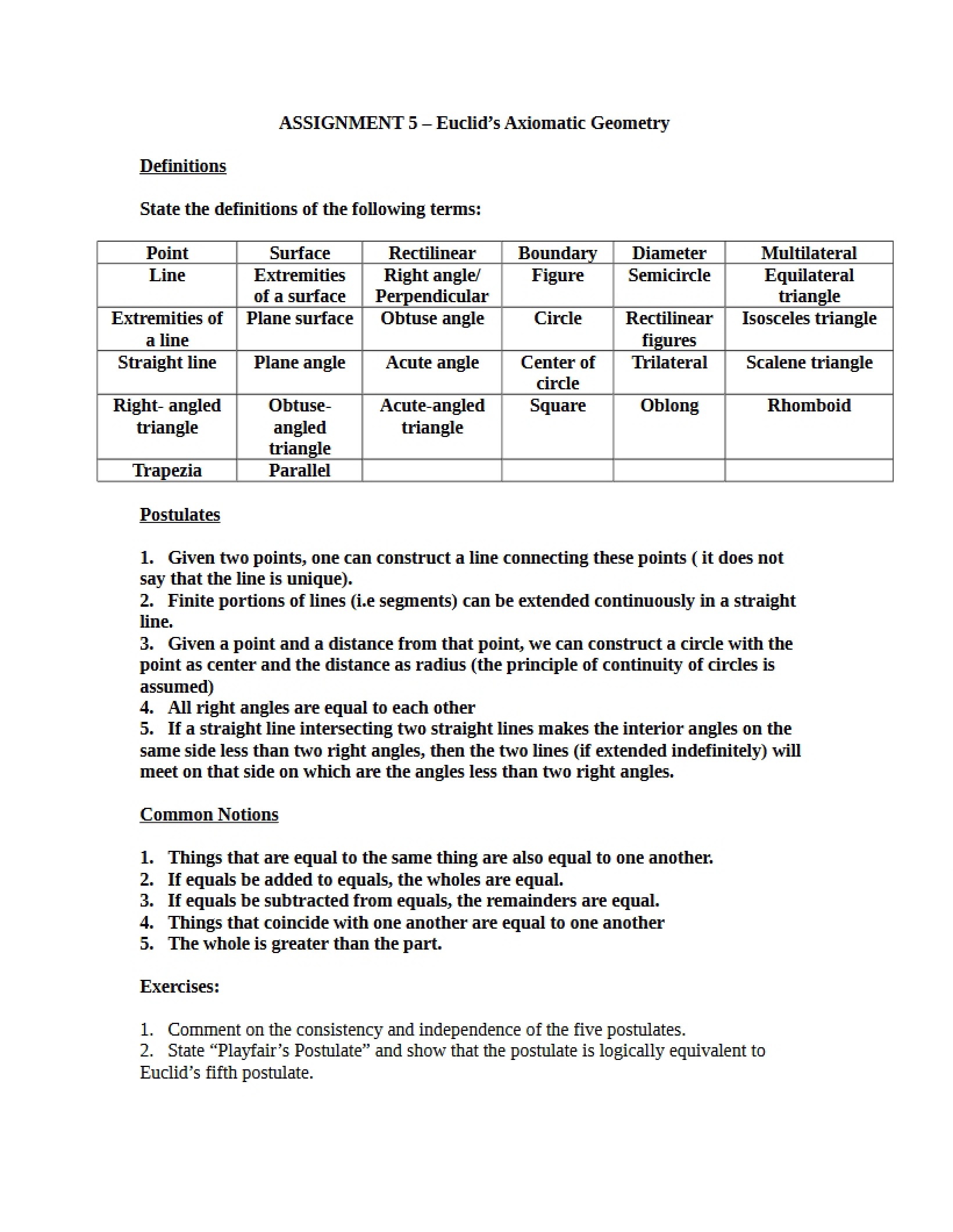 Euclid's Axiomatic Geometry Assignment 5