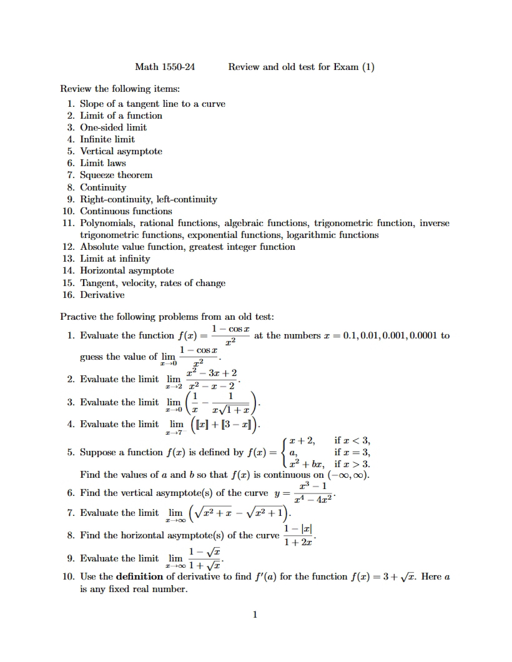 Calculus I Exam 1