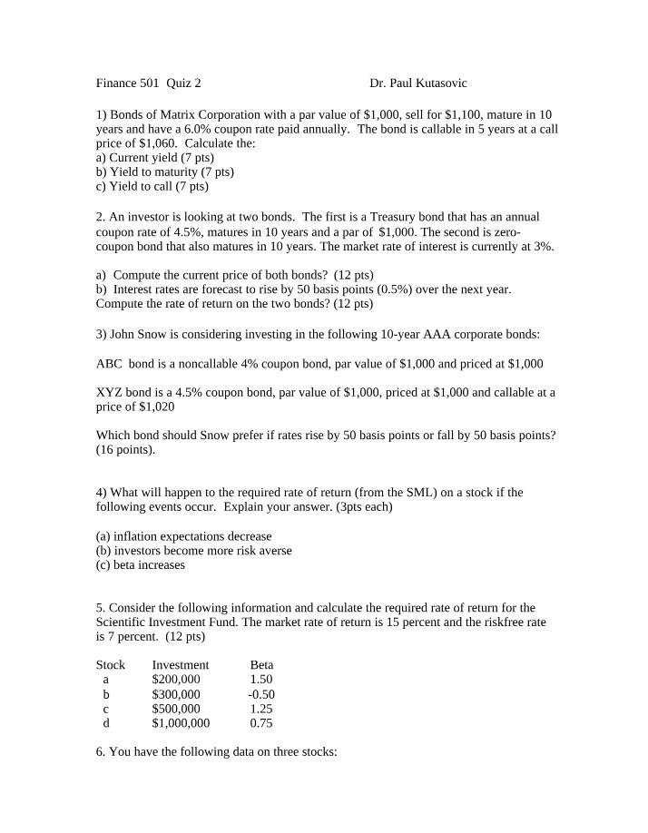 Quiz 2 for Finance 501