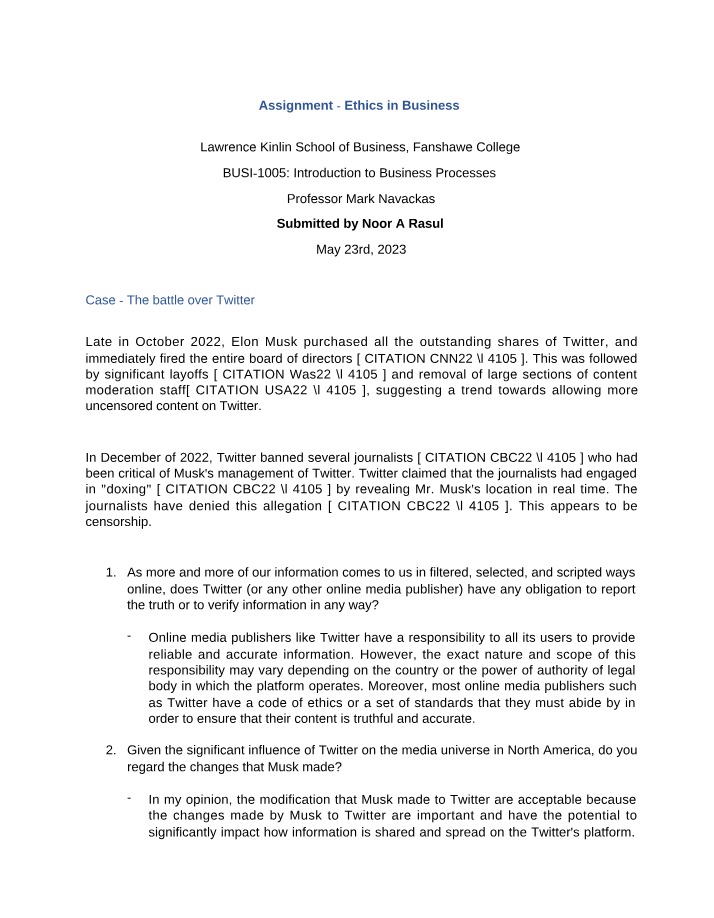 Ethics in Business Assignment