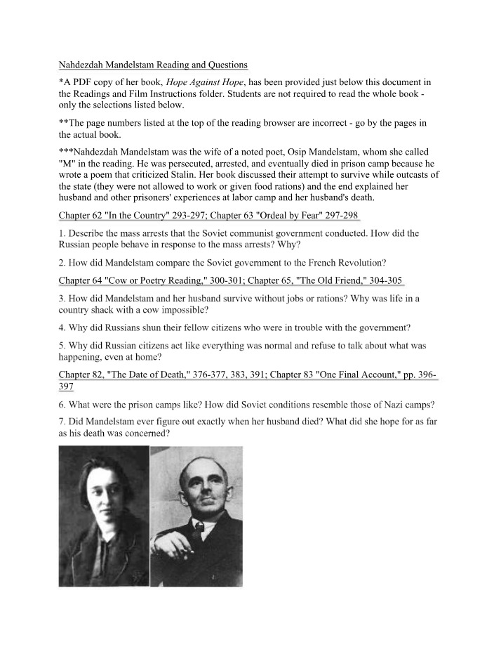 Questions and Reading - Nahdezdah Mandelstam