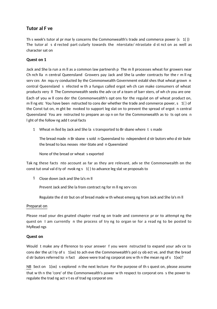 Commonwealth Trade and Commerce Power - Tutorial Five