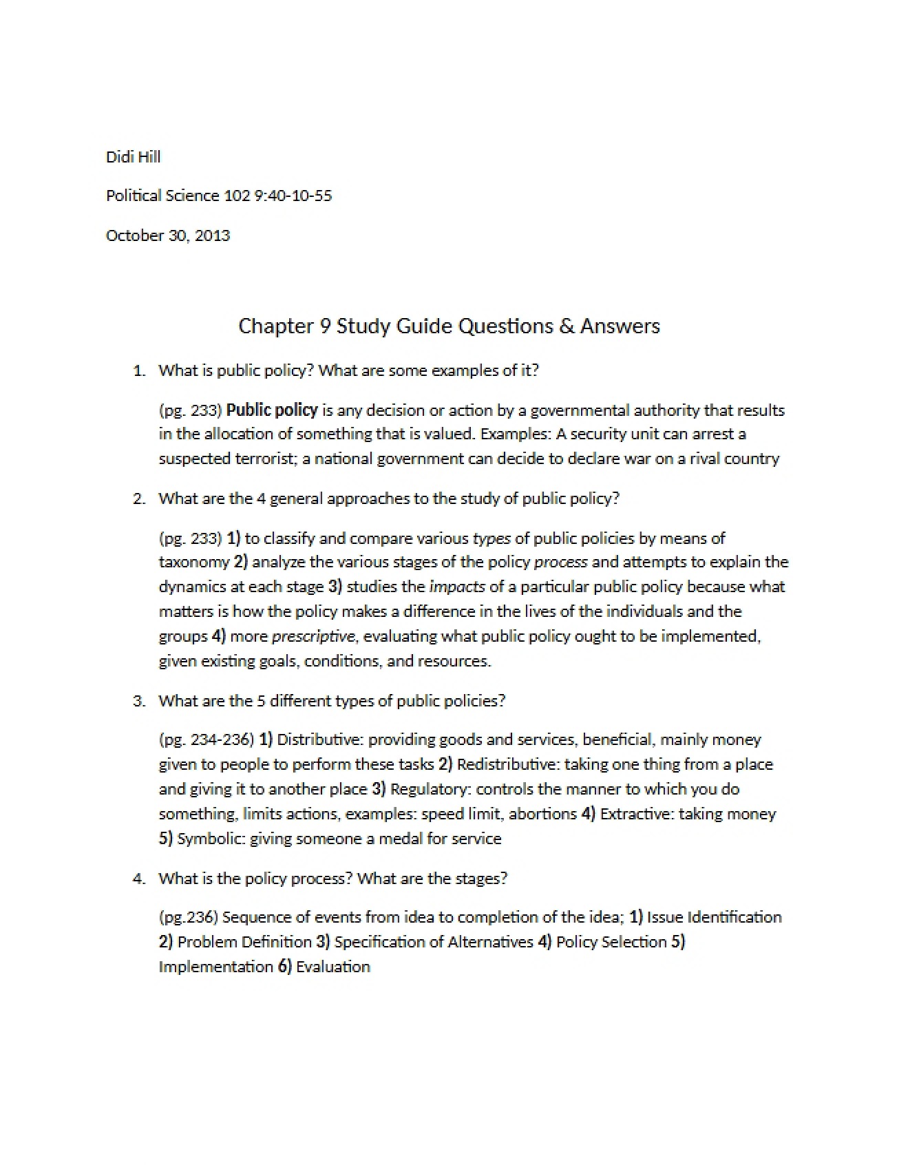 Questions for Chapter Nine Study Guide