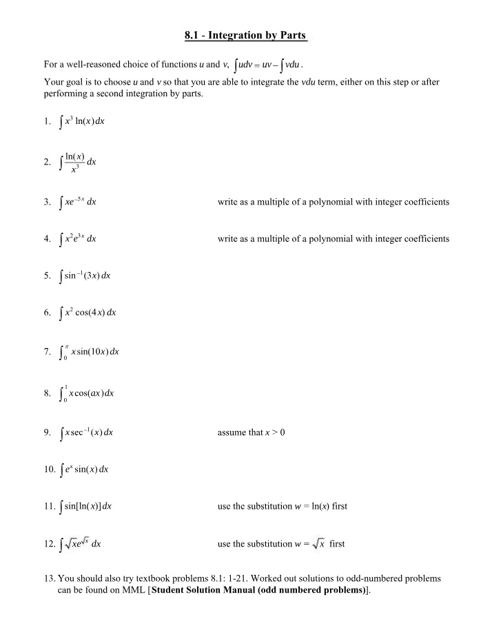 Worksheet on Integration by Parts