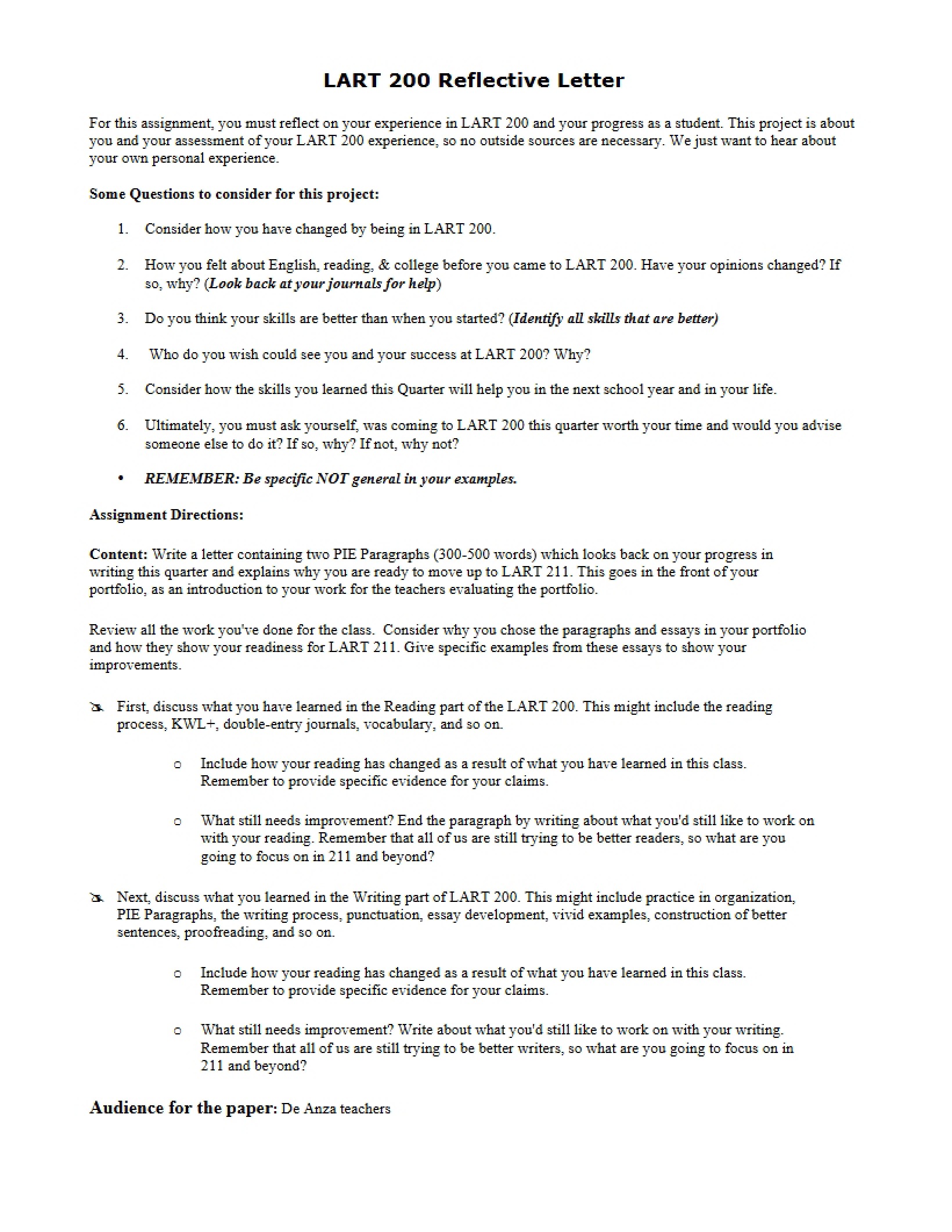 Reflective Letter for LART 200