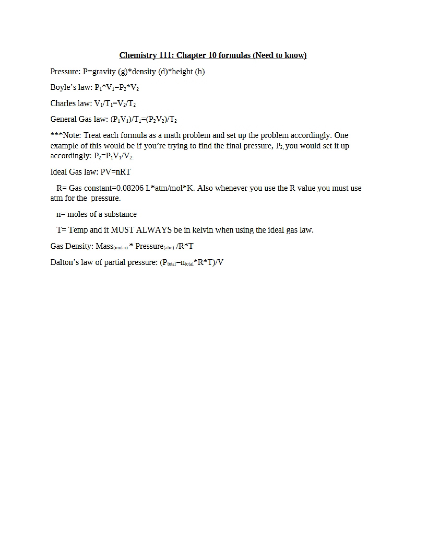 Formulas for Chapter 10