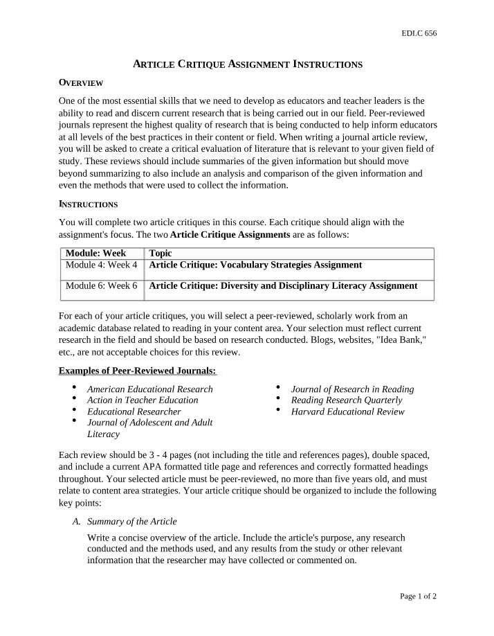 Instructions for Article Critique Assignment