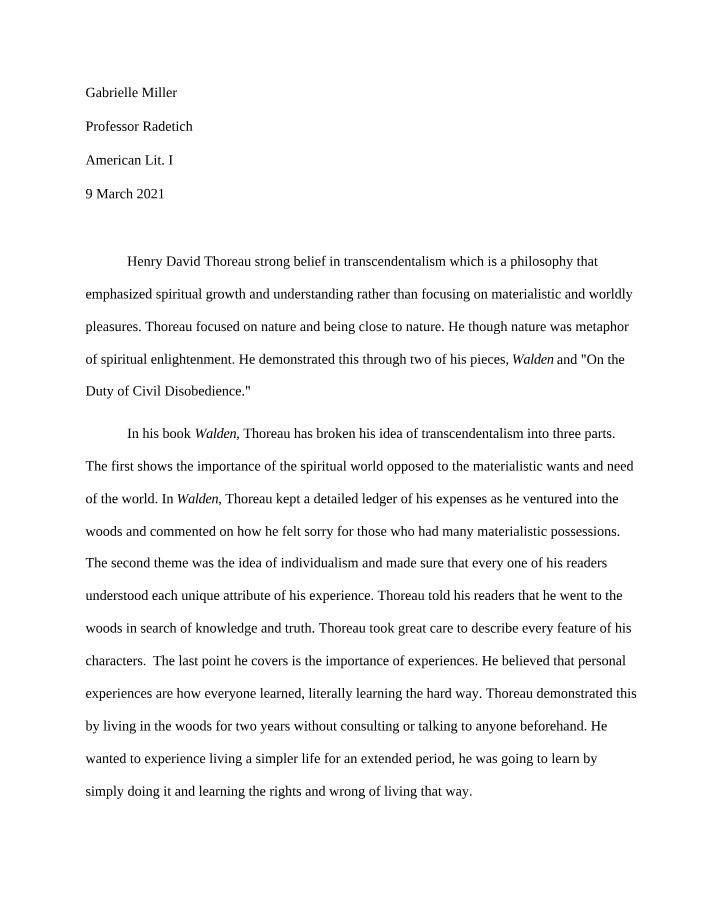 Transcendentalism in Walden and On the Duty of Civil Disobedience