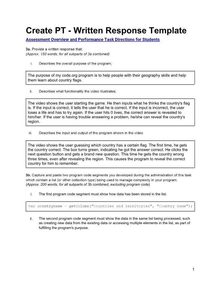 Written Response Template for the Create PT