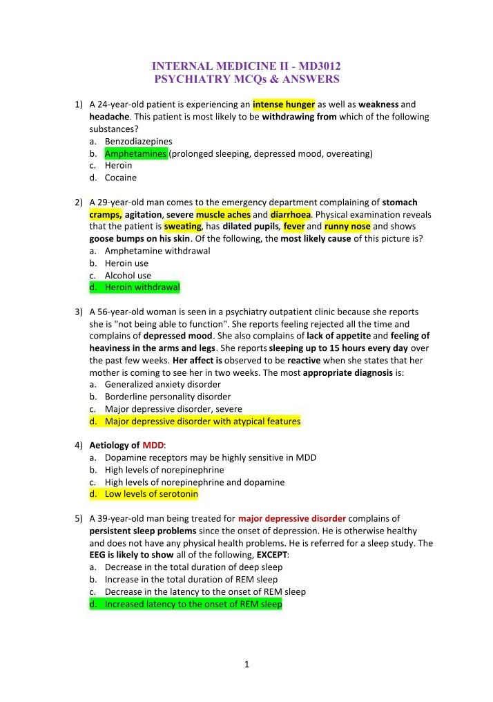 Withdrawal Symptoms, Diagnosis, and Treatment - Psychiatry MCQs
