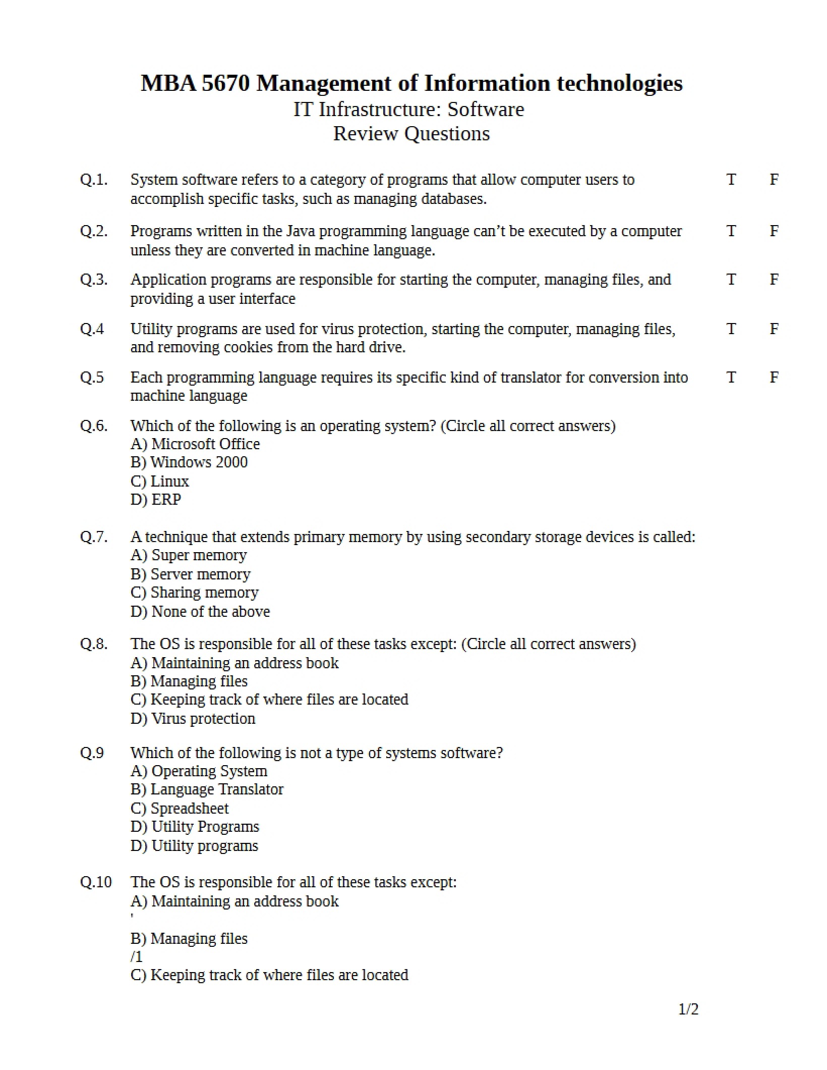 Review Questions for Software Infrastructure