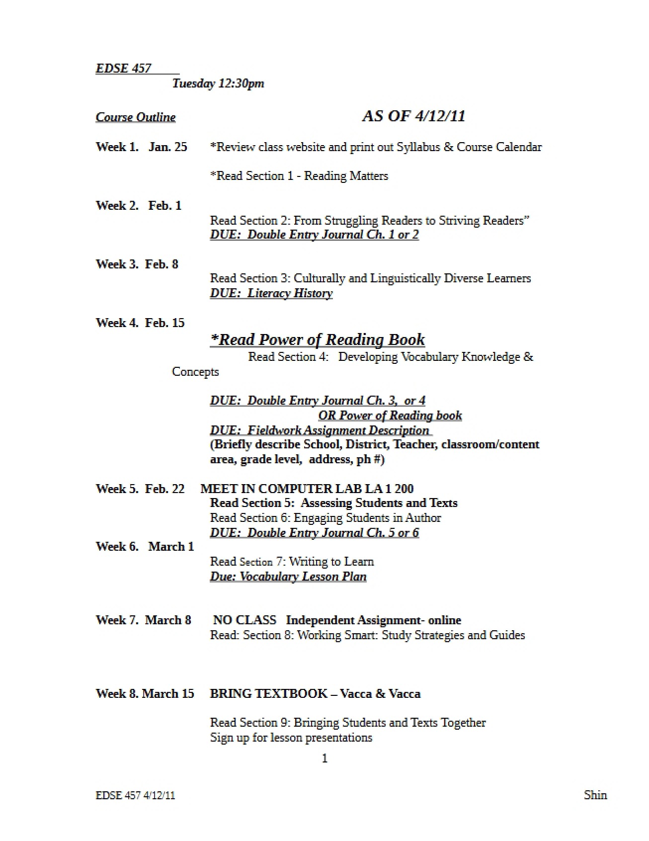 2011 Outlines for Course