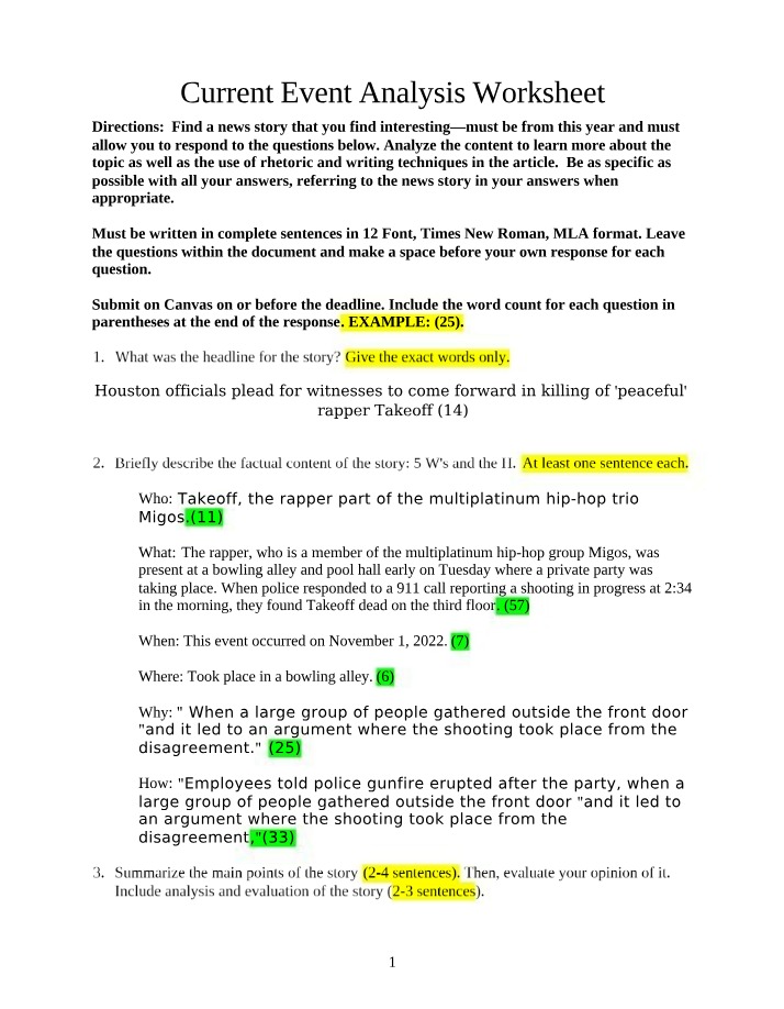 Worksheet for Current Event Analysis