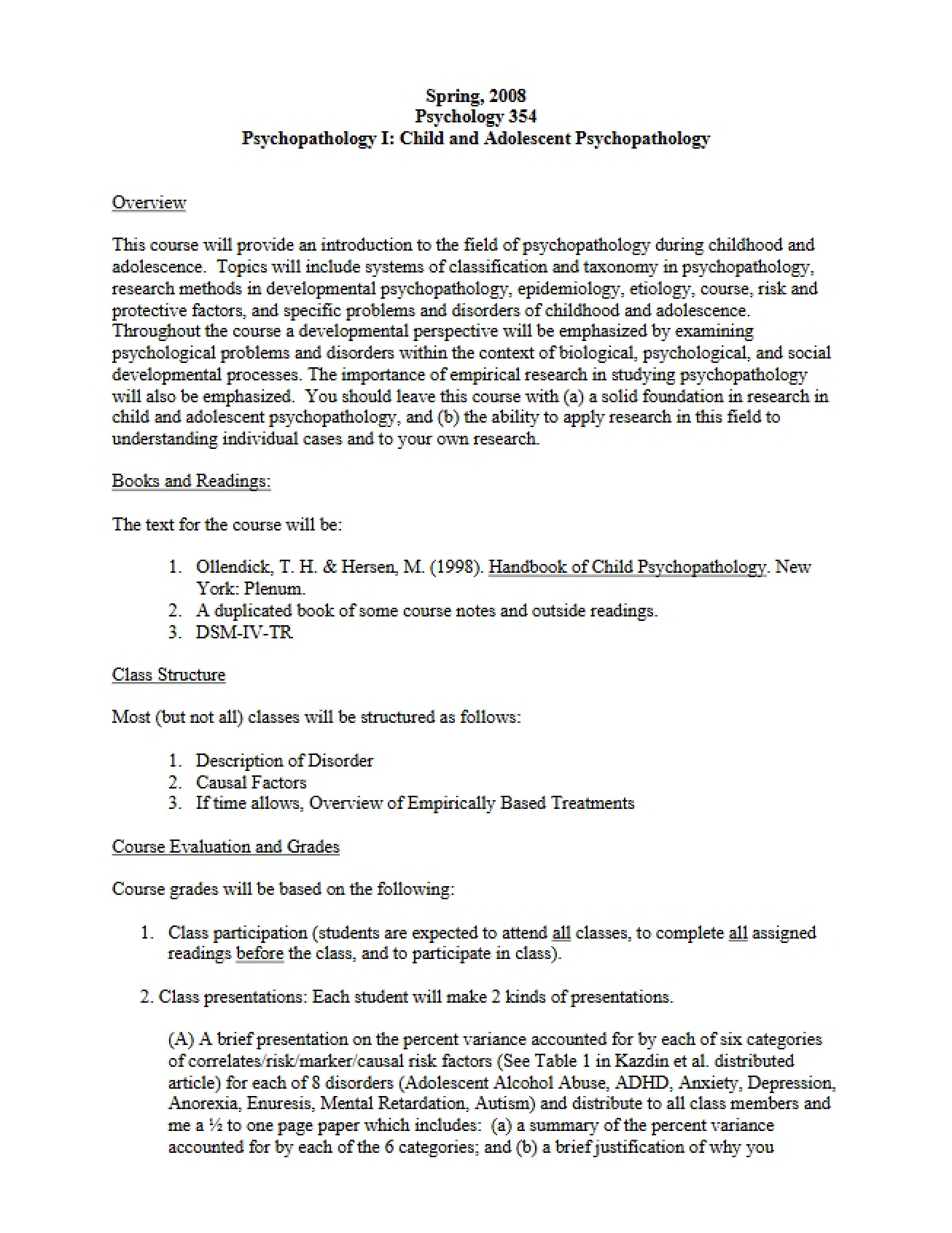 Psychopathology I Course Syllabus