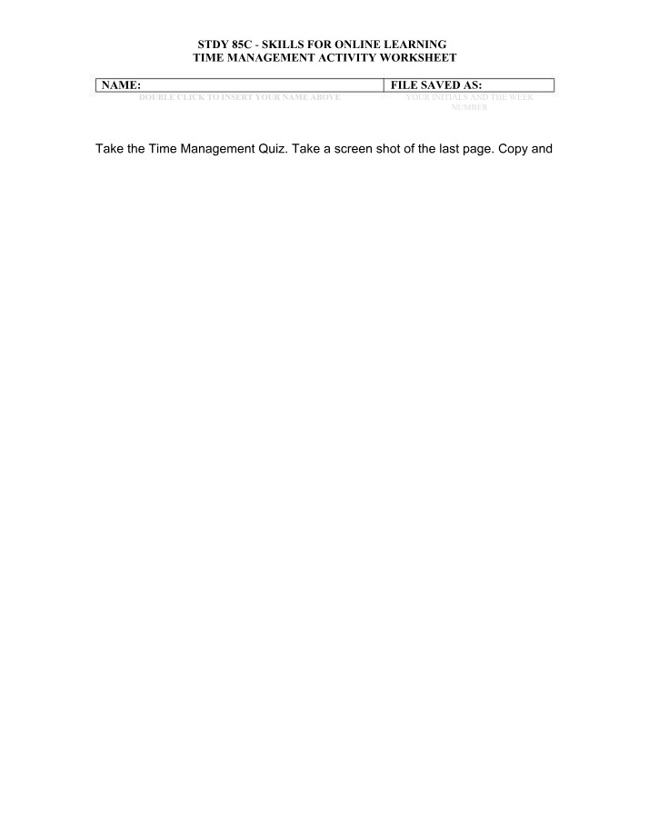 Worksheet for Time Management Activity