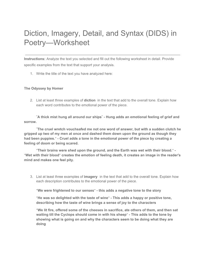 Worksheet on Poetry Diction, Imagery, Detail, and Syntax
