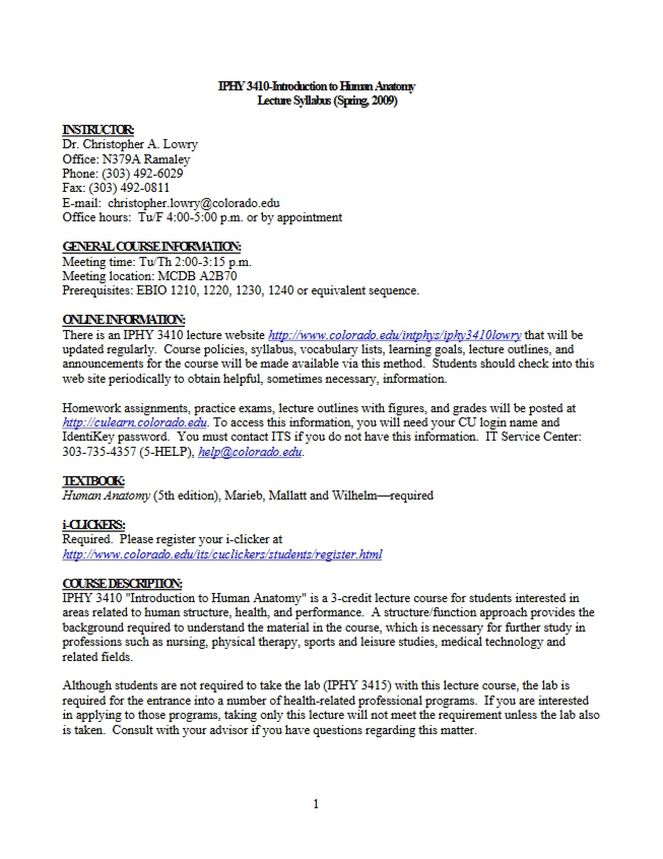Course Syllabus for Introduction to Human Anatomy