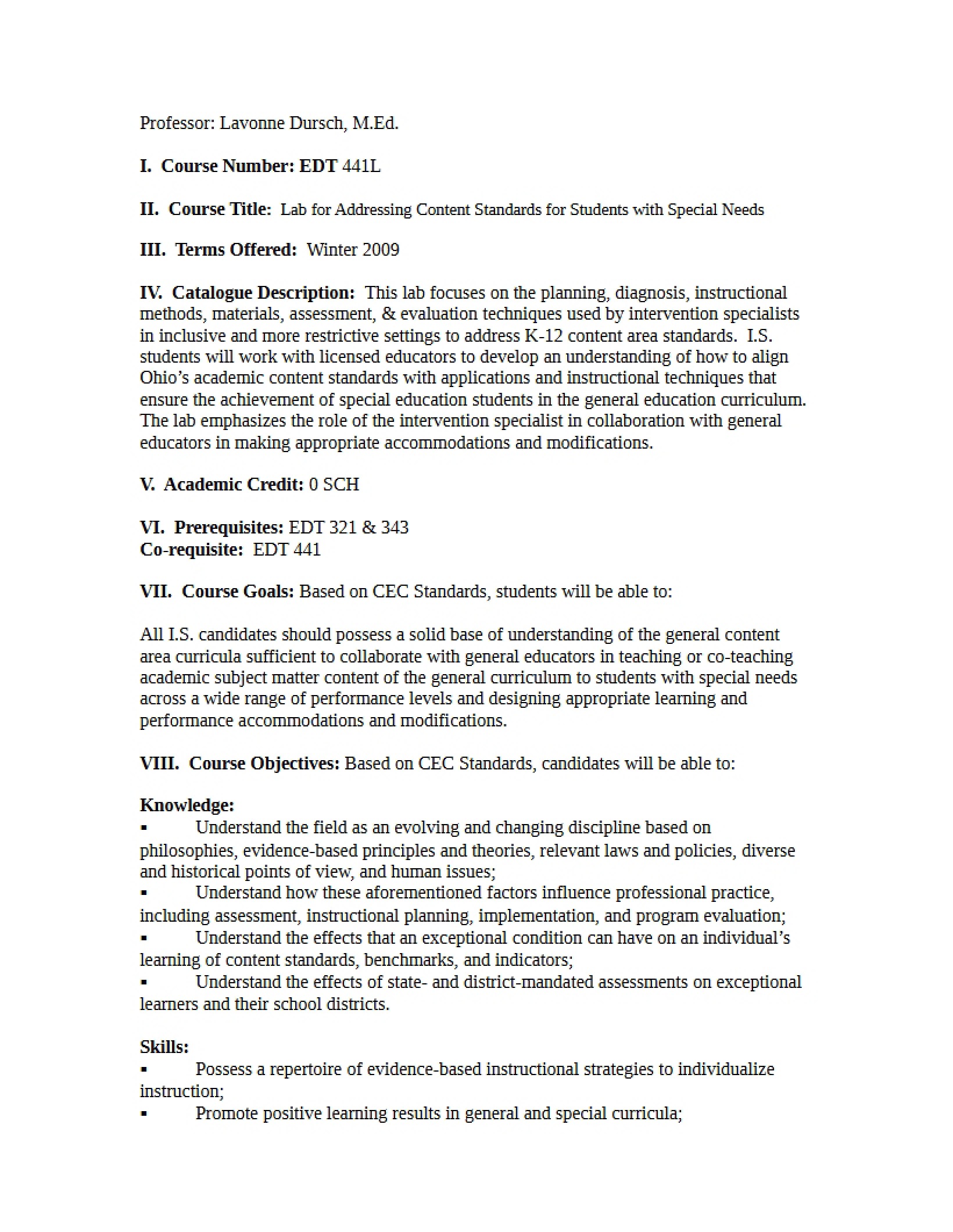 Special Needs Standards Lab Syllabus