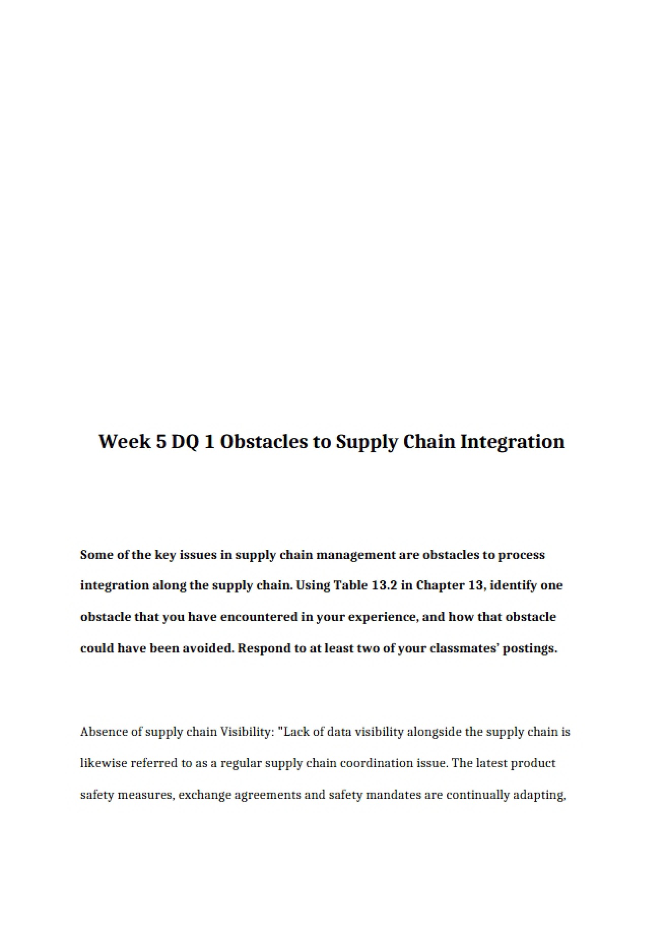 Obstacles to Supply Chain Integration (Week 5 DQ 1)