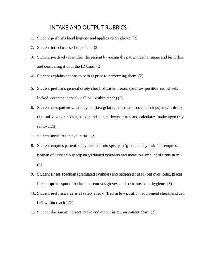 Intake and Output Rubrics for Patient Care
