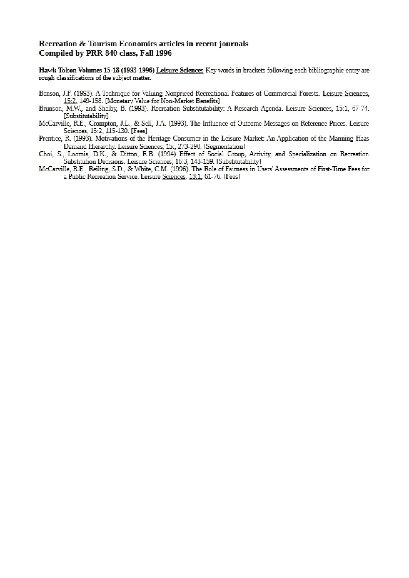 Articles on Economics of Recreation and Tourism