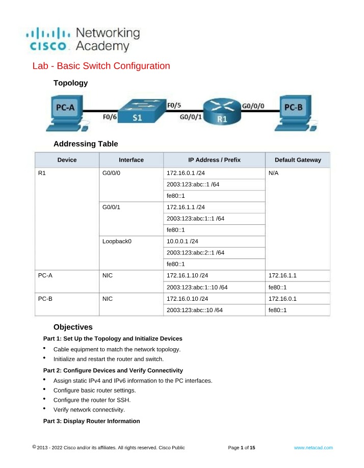 Basic Switch Configuration Lab - Topology and Addressing