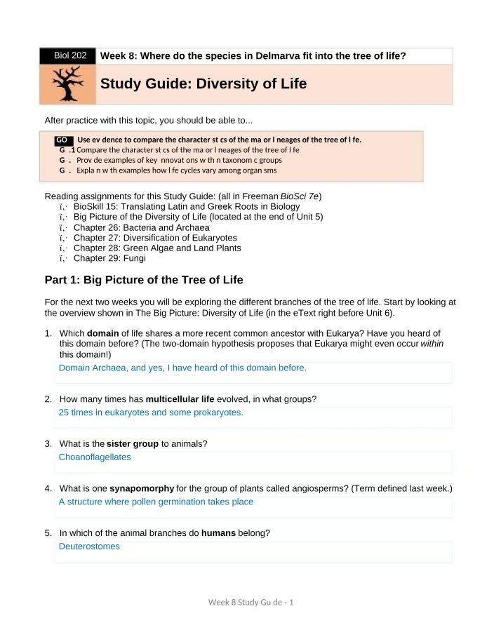 Week 8 Study Guide for Diversity of Life