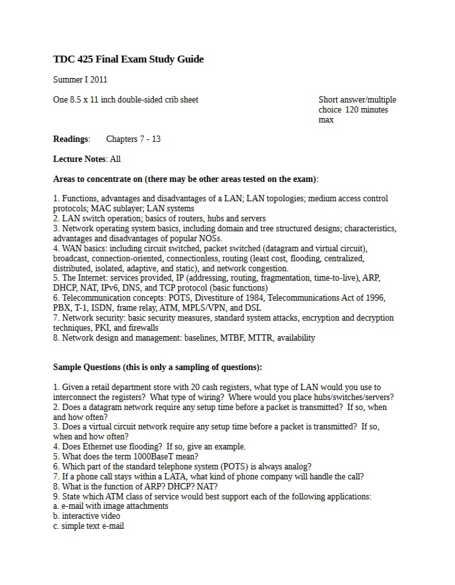 Study Guide for Final