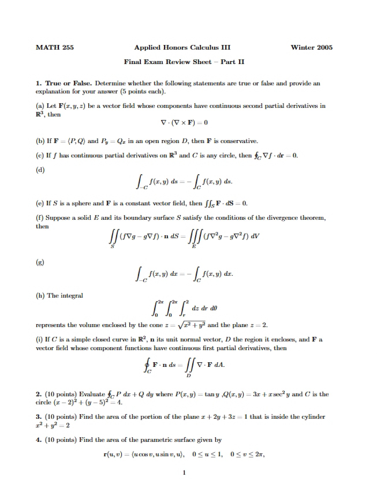 Review Sheet for Final Examination (v1)