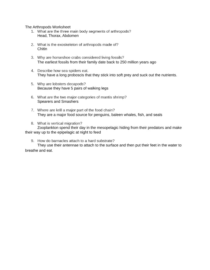 Worksheet on The Arthropods