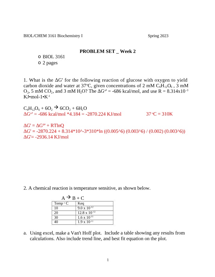 Calculating ΔG' for the Glucose-Oxygen Reaction