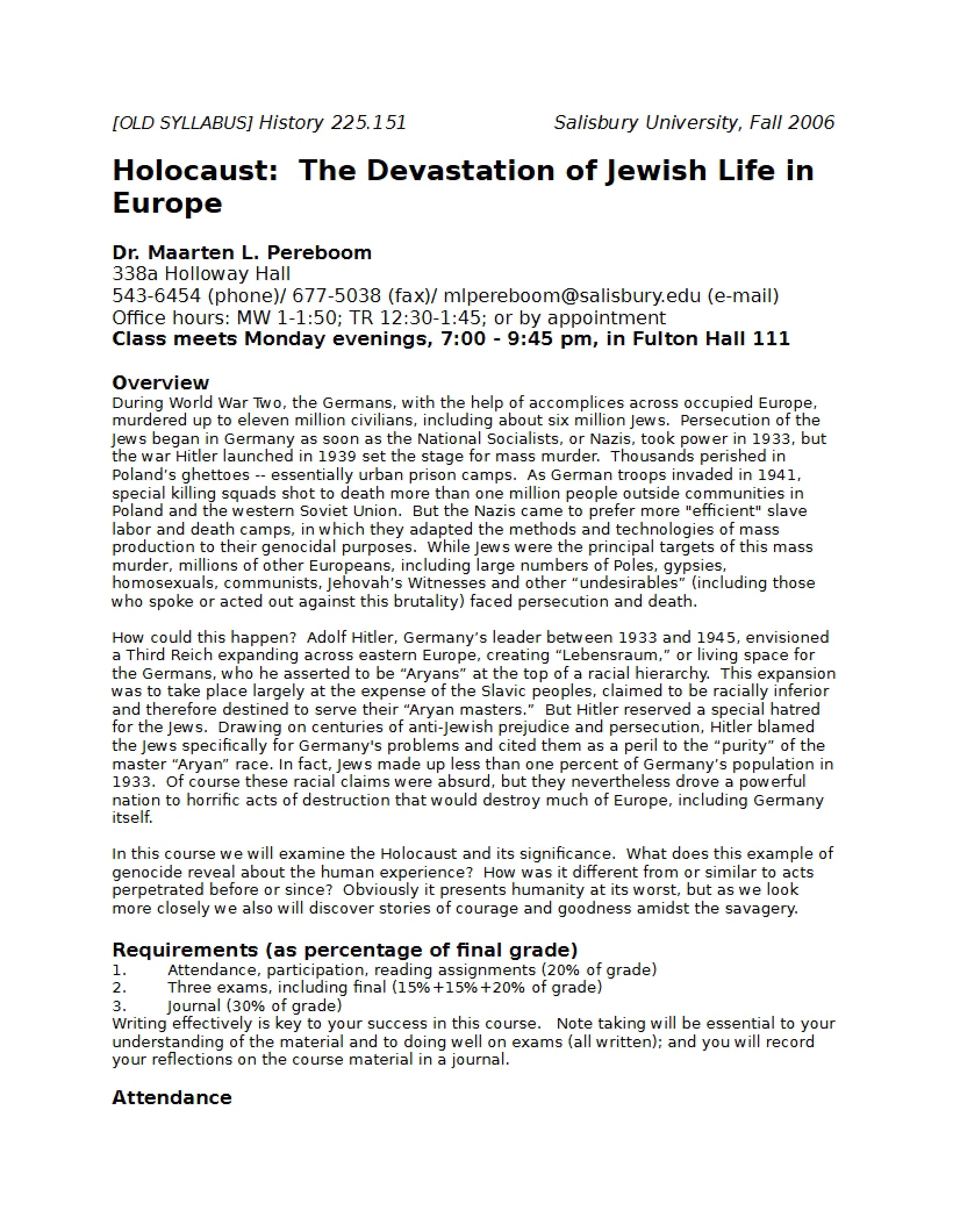 Syllabus Holocaust and European Jews Extermination - HIST 225