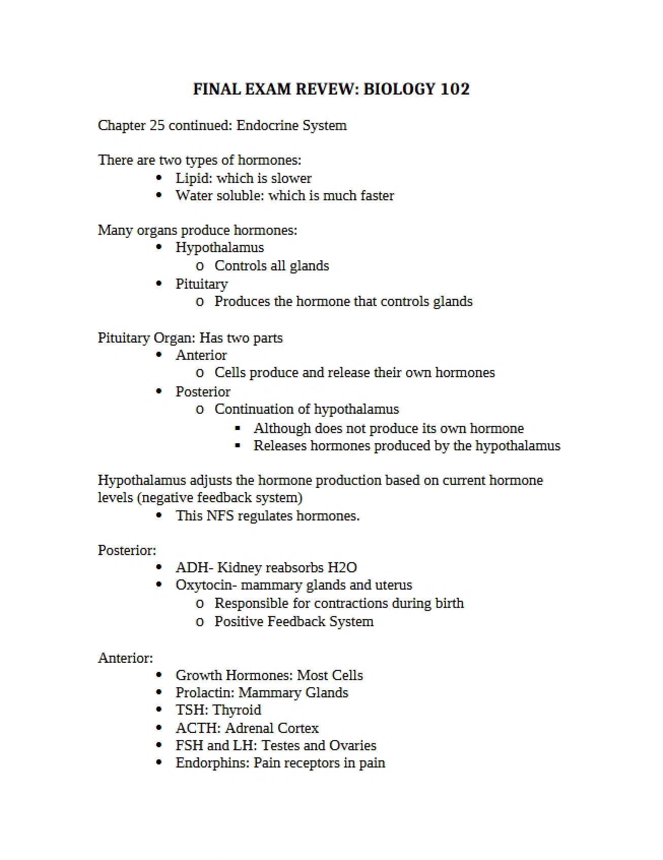 Review for Human Biology Final Examination
