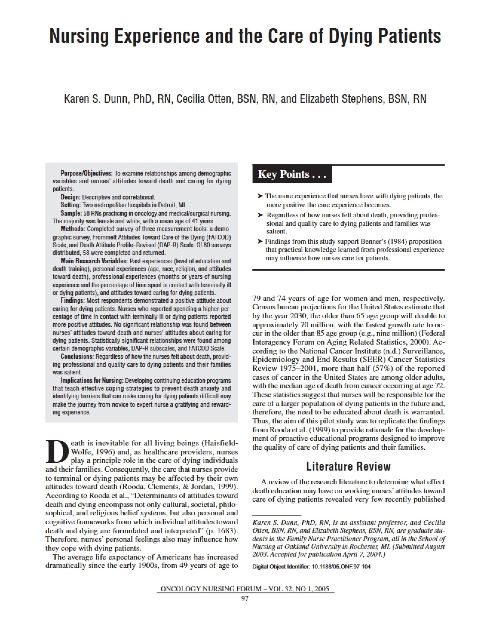 Care of Dying Patients and Nursing Experience