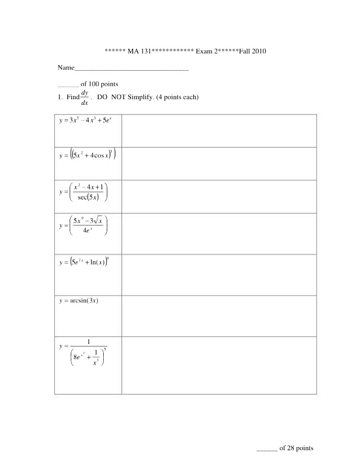 Fall 2010 Exam 2 for MA 131
