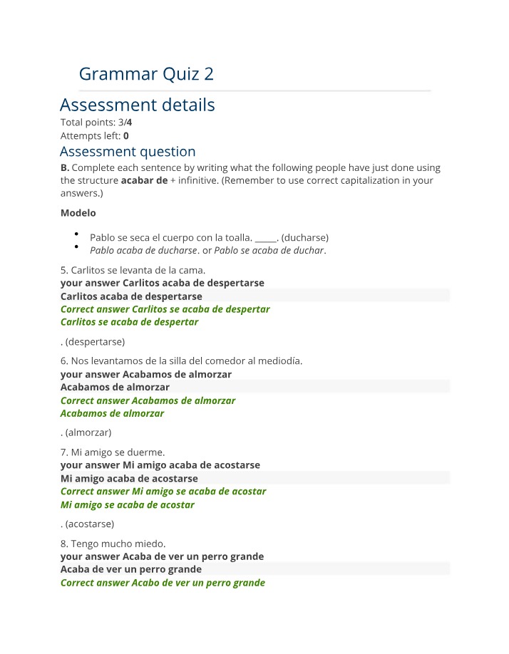 Grammar Quiz 2 on Acabar de + Infinitive