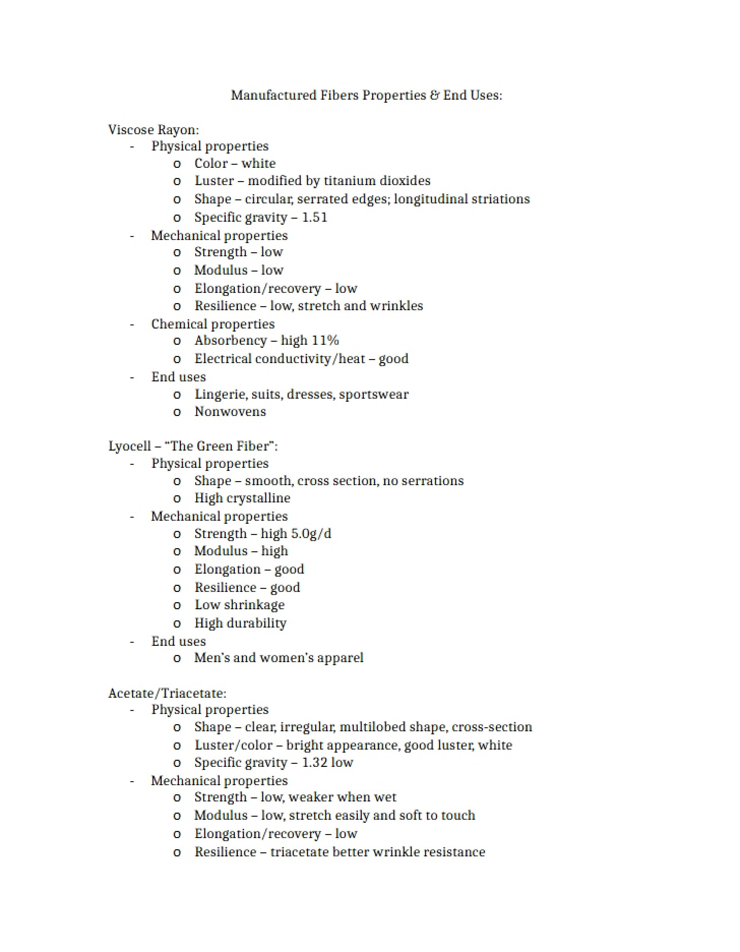 Properties of Manufactured Fibers